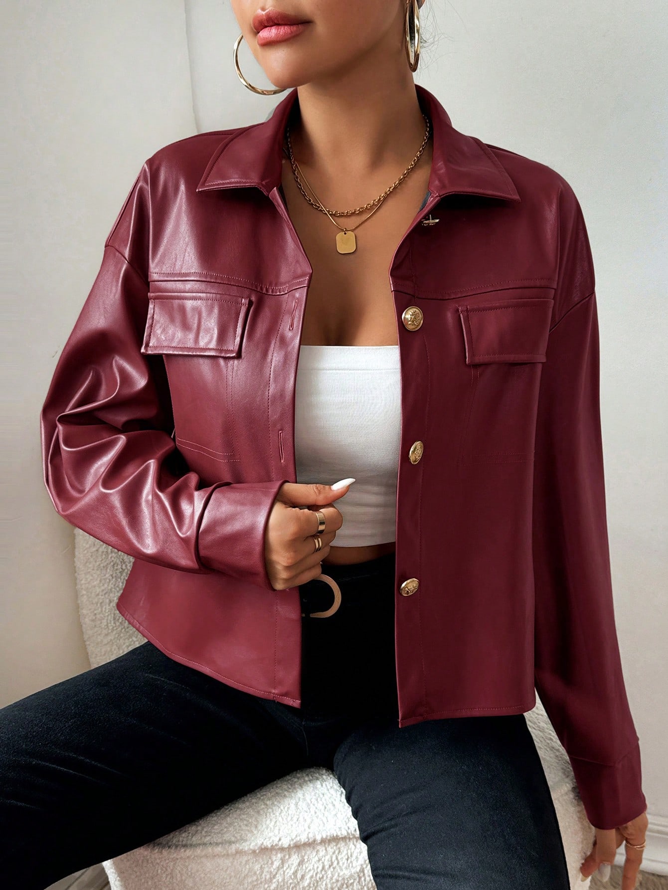 SHEIN Essnce Womens Plain PU Leather Drop Shoulder Long Sleeve Short Jacket AutumnWinter SHEIN EUR main 3