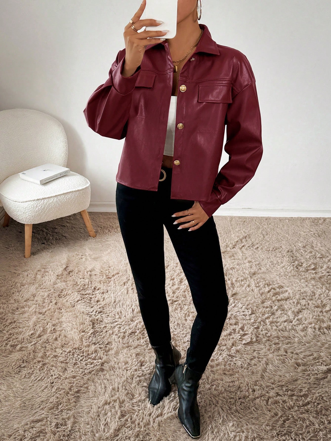 SHEIN Essnce Womens Plain PU Leather Drop Shoulder Long Sleeve Short Jacket AutumnWinter SHEIN EUR main 4