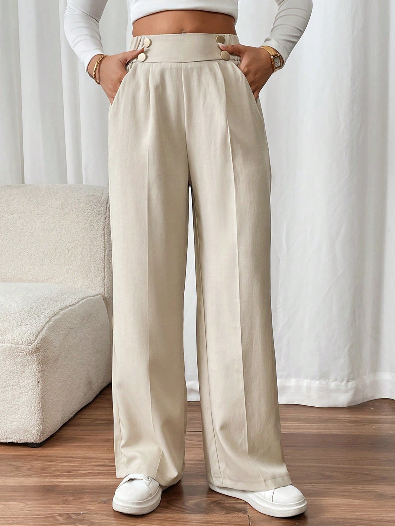 SHEIN Frenchy Womens Elegant Straight Leg Office Pants With Double BuckleWomen Fall Clothes Office SirenBusiness Women ClothesElegant Effortless Chic Essential SHEIN EUR main 3