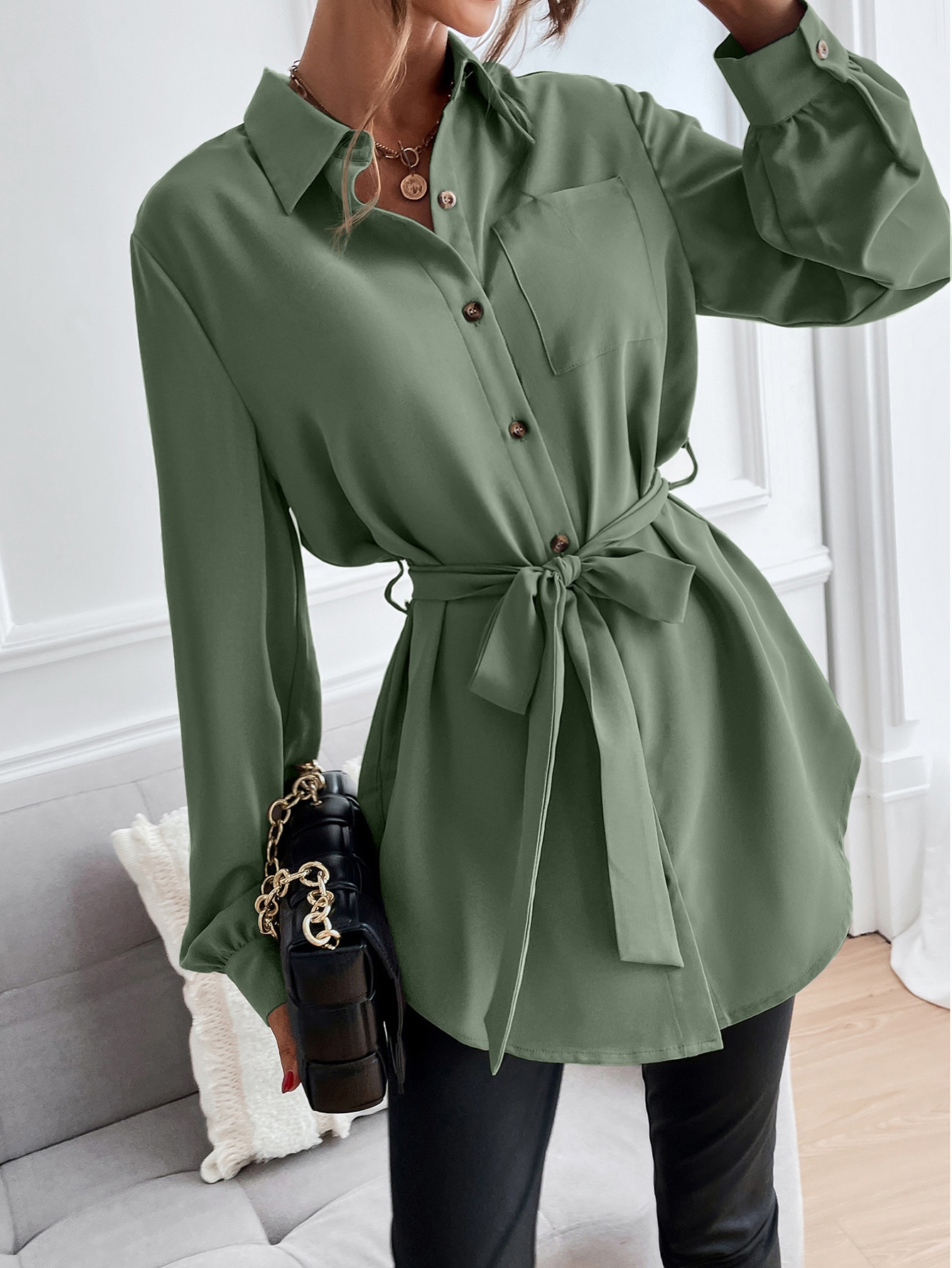 SHEIN LUNE Solid Button Front Belted Shirt SHEIN EUR main 0