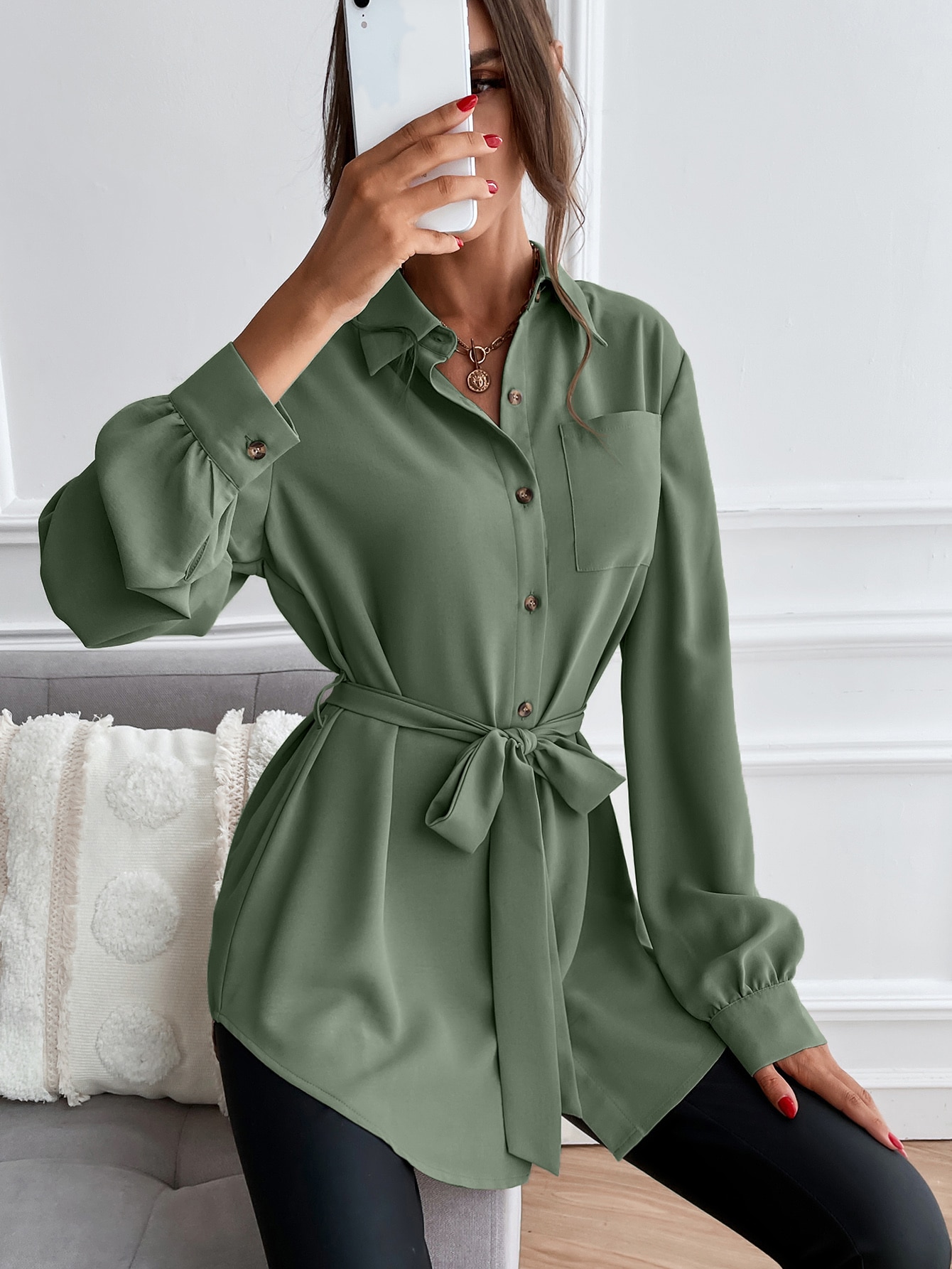 SHEIN LUNE Solid Button Front Belted Shirt SHEIN EUR main 2