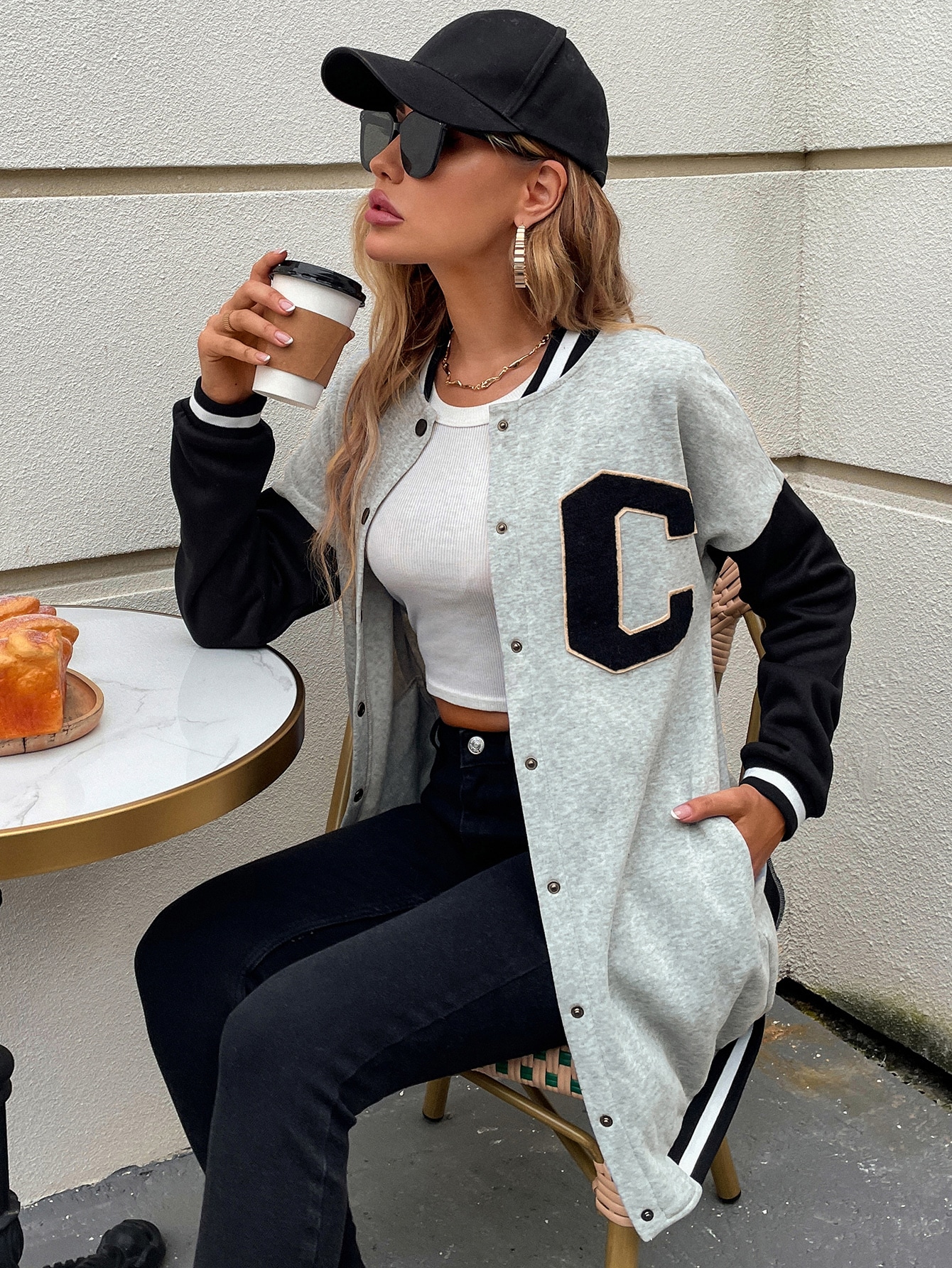 SHEIN MOOSTA Letter Patched Colorblock Drop Shoulder Varsity Jacket SHEIN EUR main 0