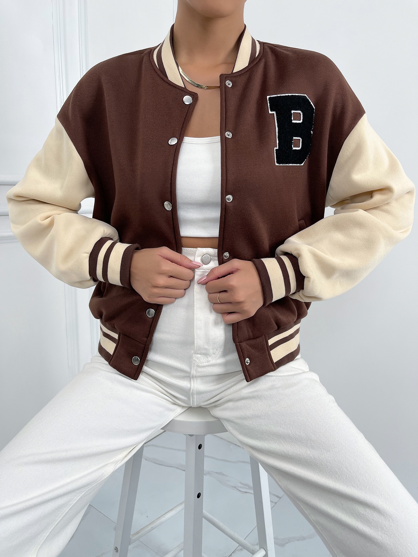 SHEIN MOOSTA Letter Patched Striped Trim Drop Shoulder Varsity Jacket SHEIN EUR main 0