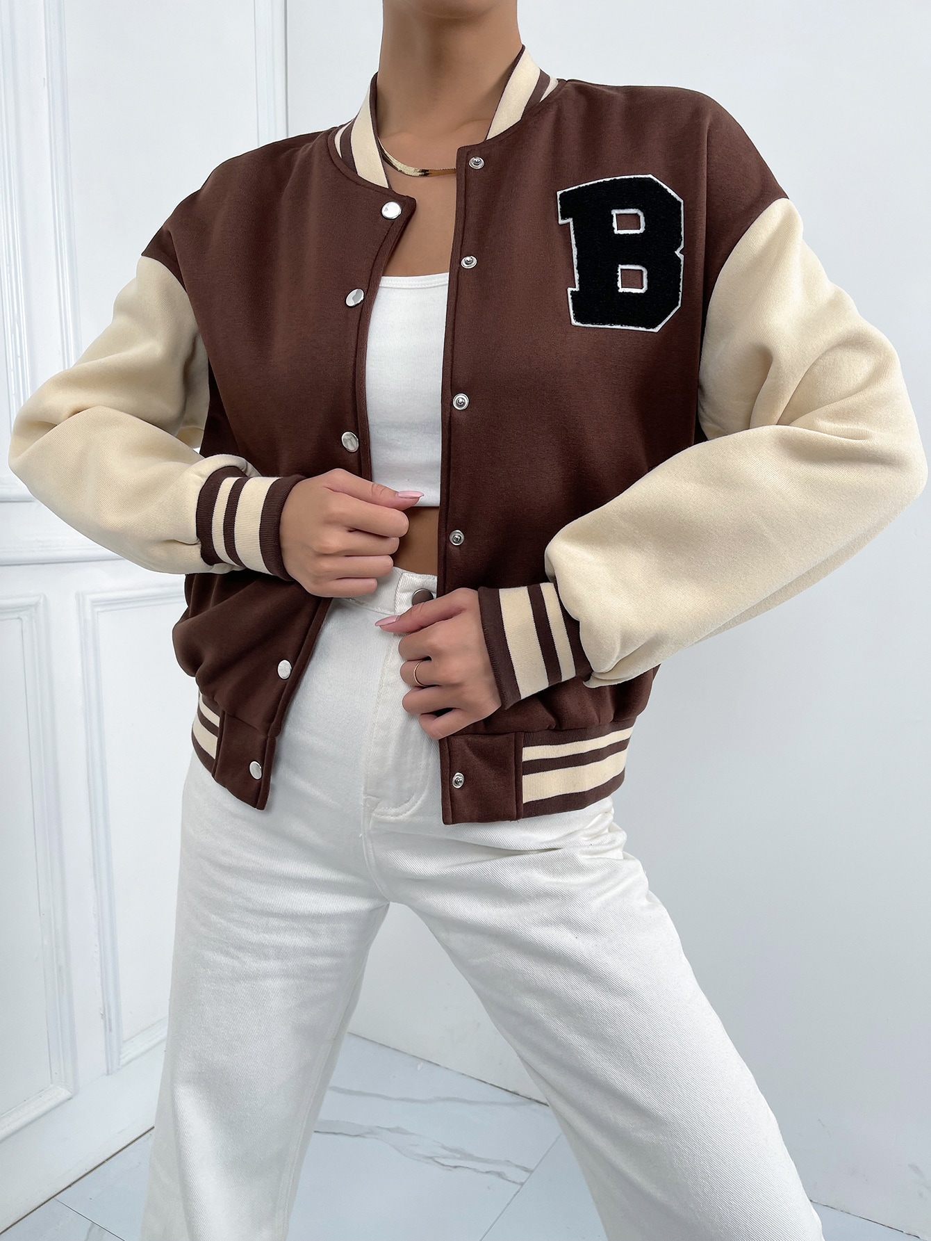 SHEIN MOOSTA Letter Patched Striped Trim Drop Shoulder Varsity Jacket SHEIN EUR main 3