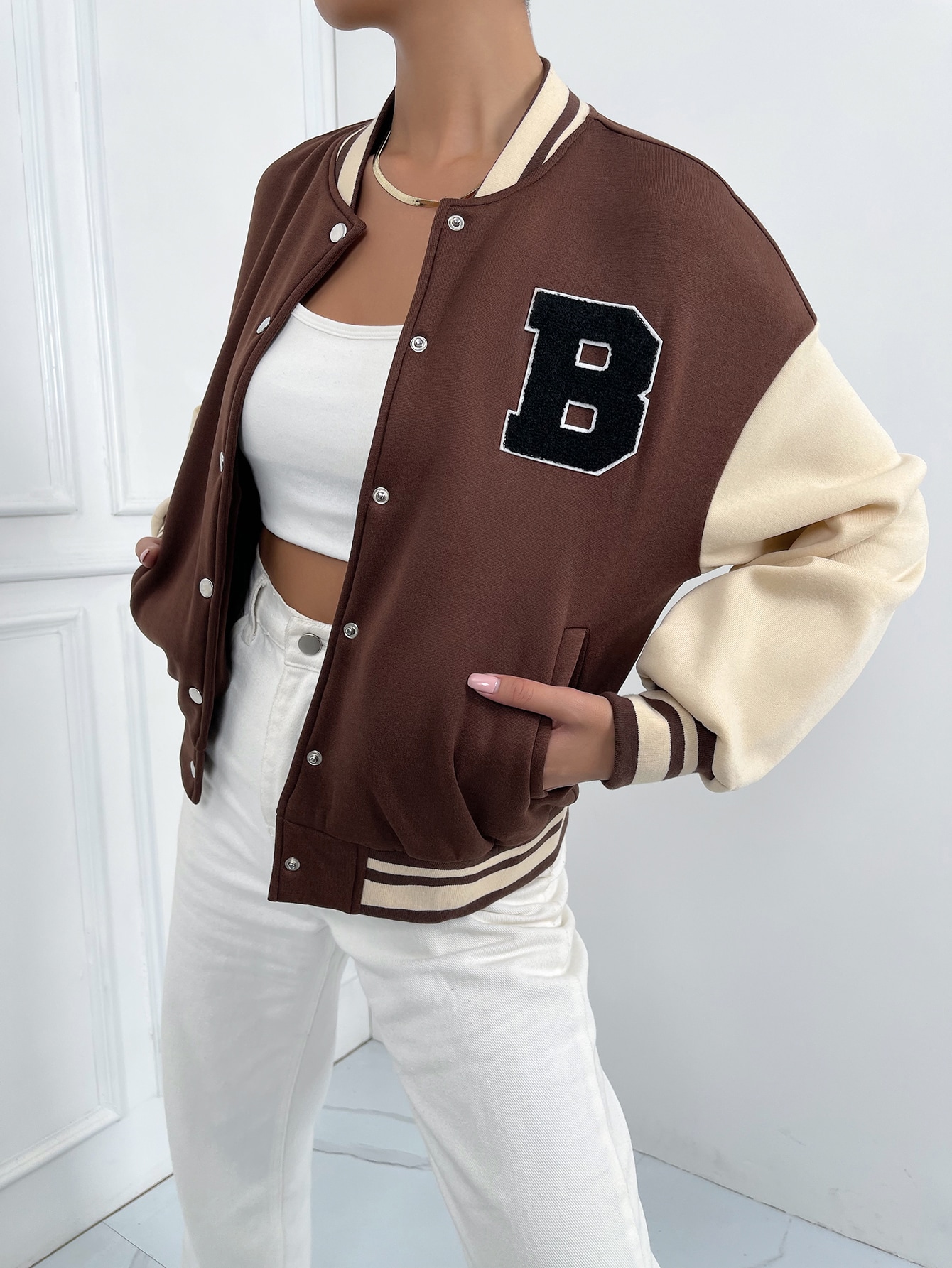 SHEIN MOOSTA Letter Patched Striped Trim Drop Shoulder Varsity Jacket SHEIN EUR main 4