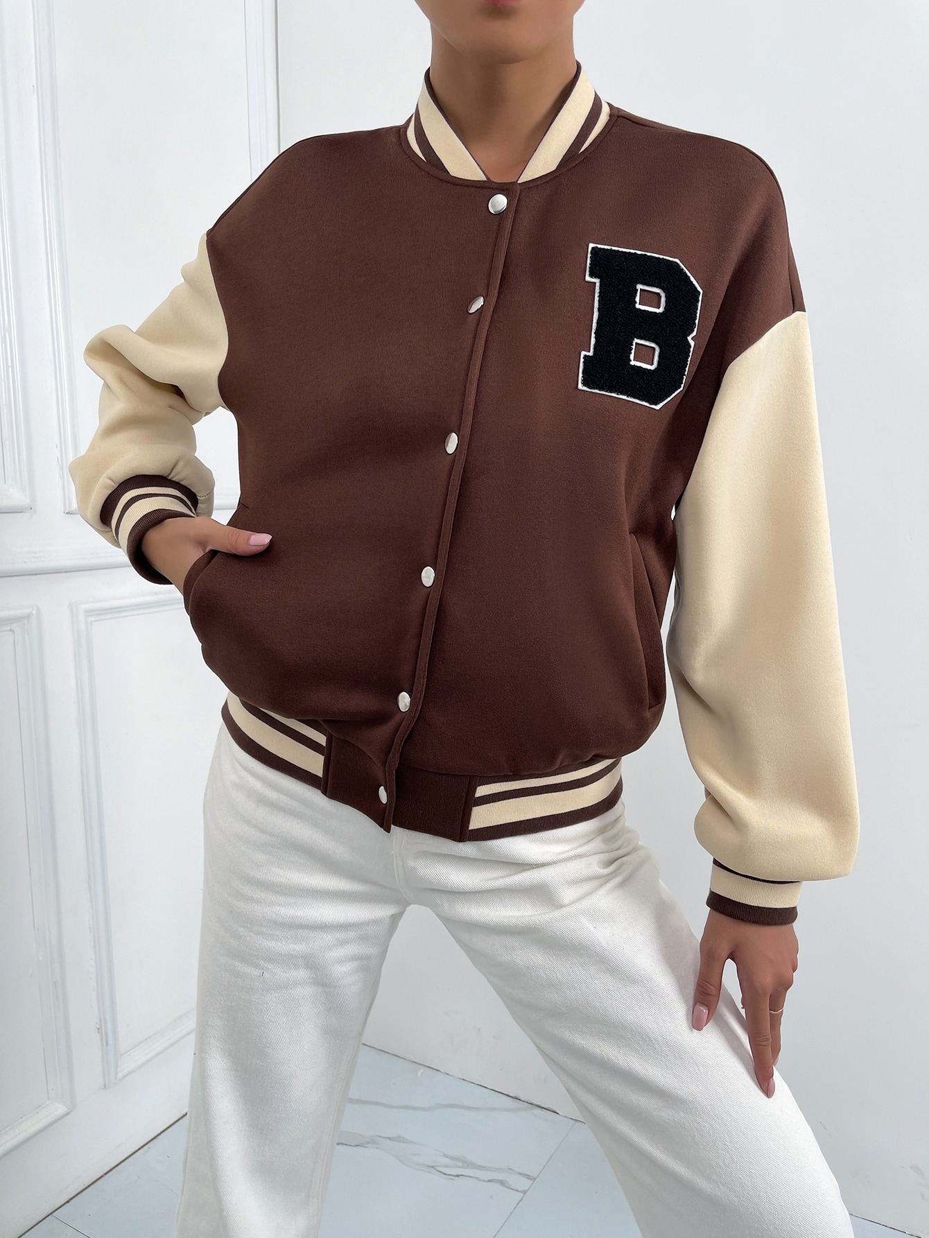 SHEIN MOOSTA Letter Patched Striped Trim Drop Shoulder Varsity Jacket SHEIN EUR main 5
