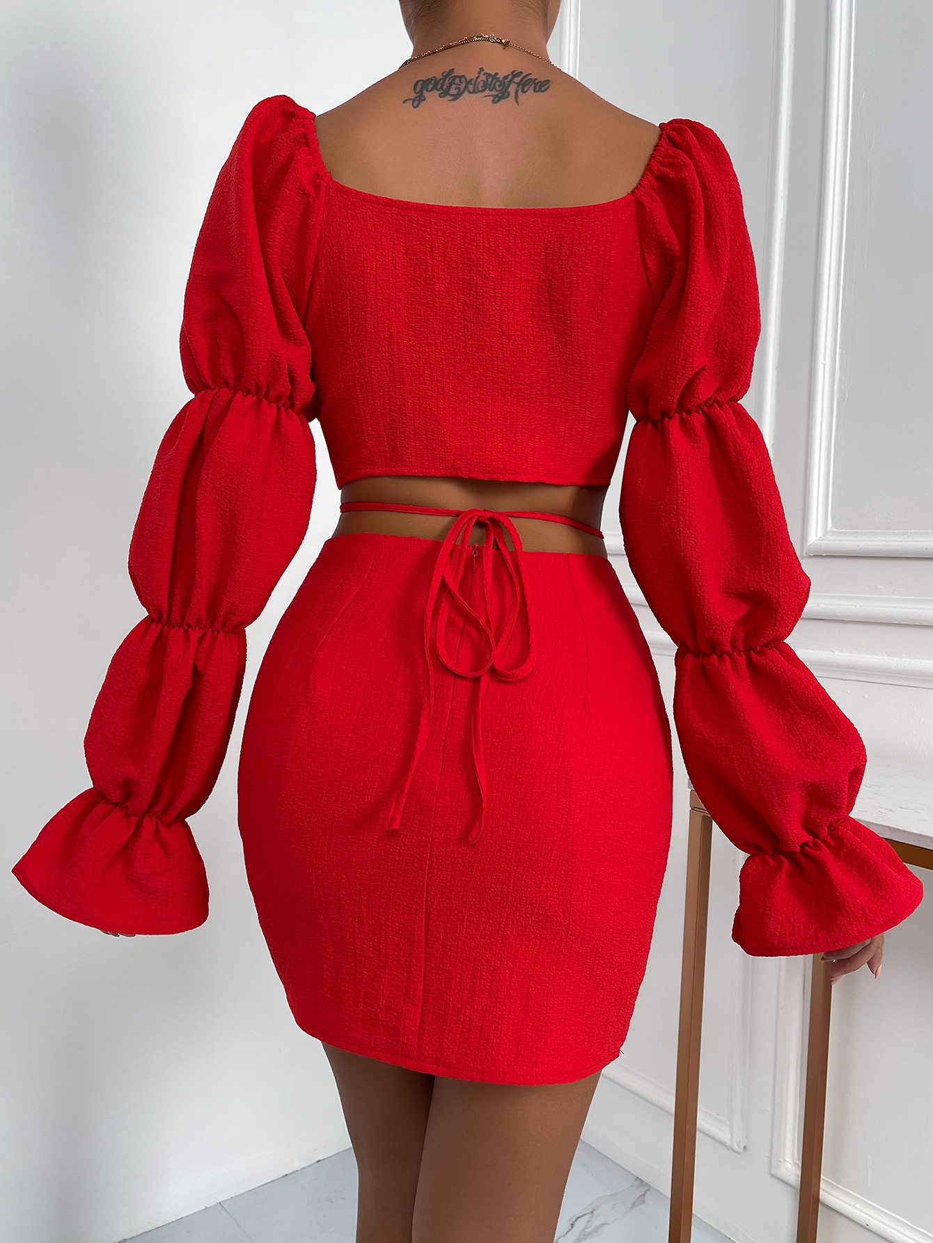 SHEIN Raffina Cut Out Gathered Sleeve Flounce Cuff Crop Top Bodycon Skirt SHEIN EUR main 1