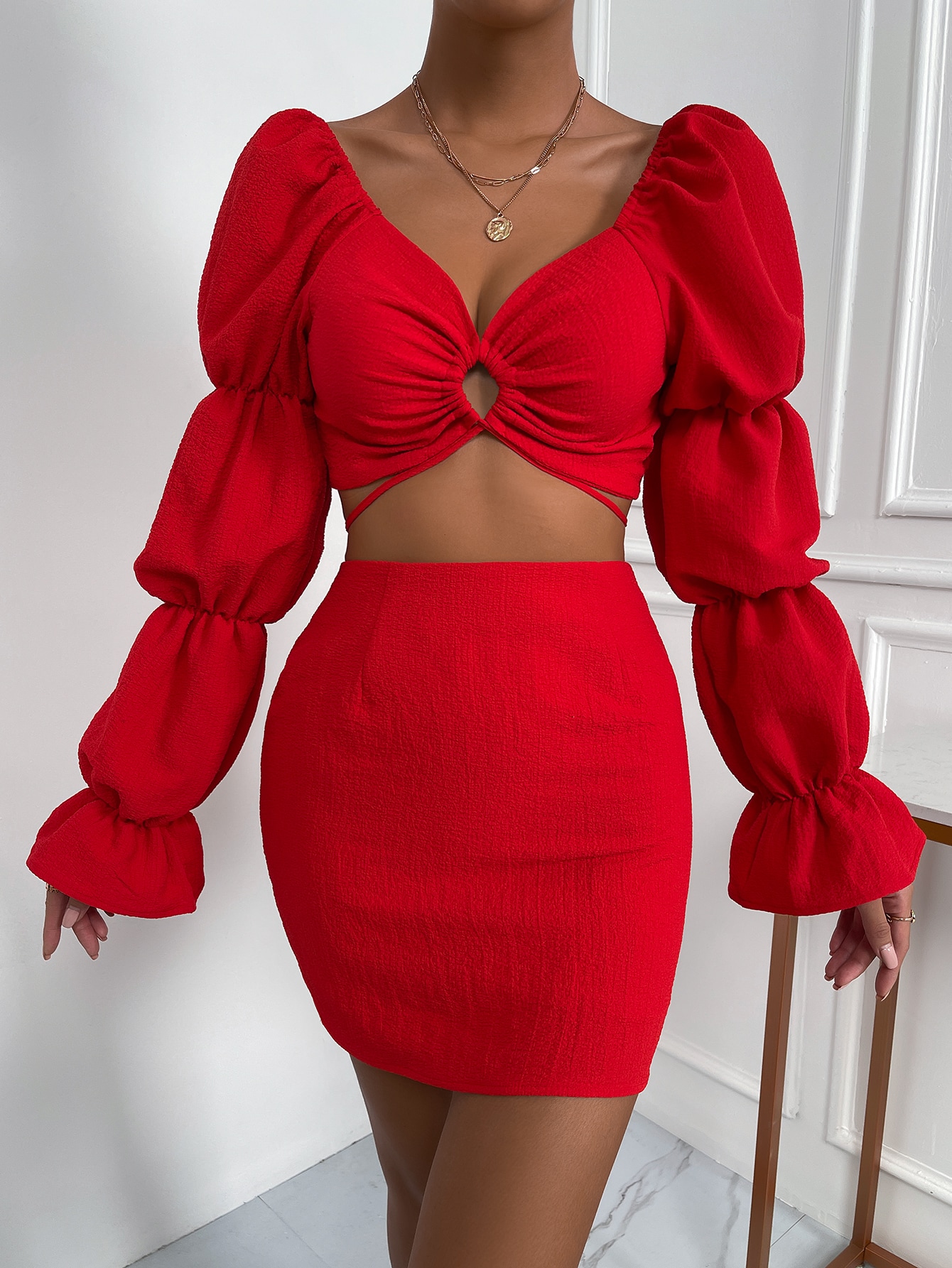 SHEIN Raffina Cut Out Gathered Sleeve Flounce Cuff Crop Top Bodycon Skirt SHEIN EUR main 5