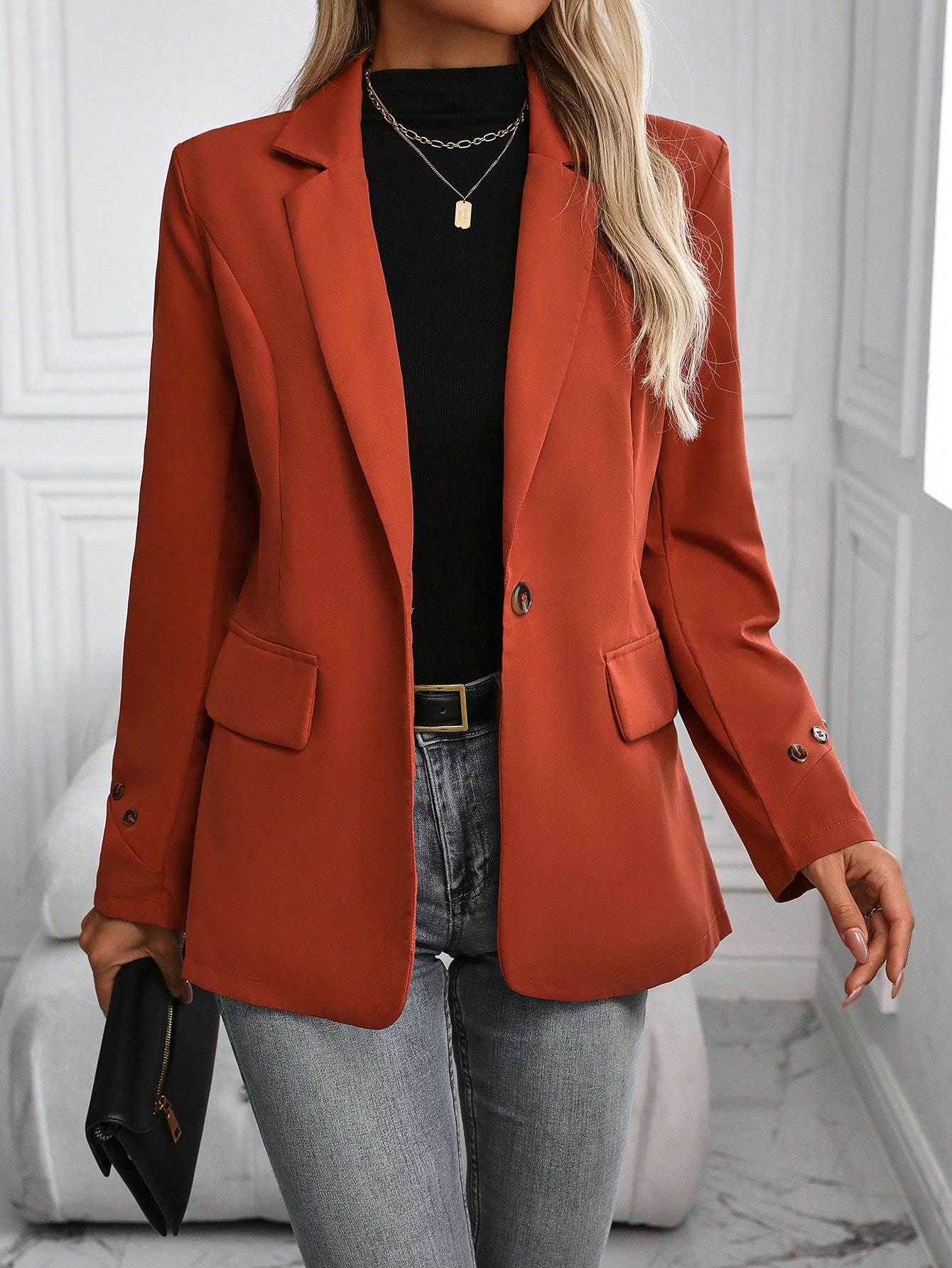 SHEIN Raffina Women Spring Business Solid Lapel Neck Single Button Blazer SHEIN EUR main 0