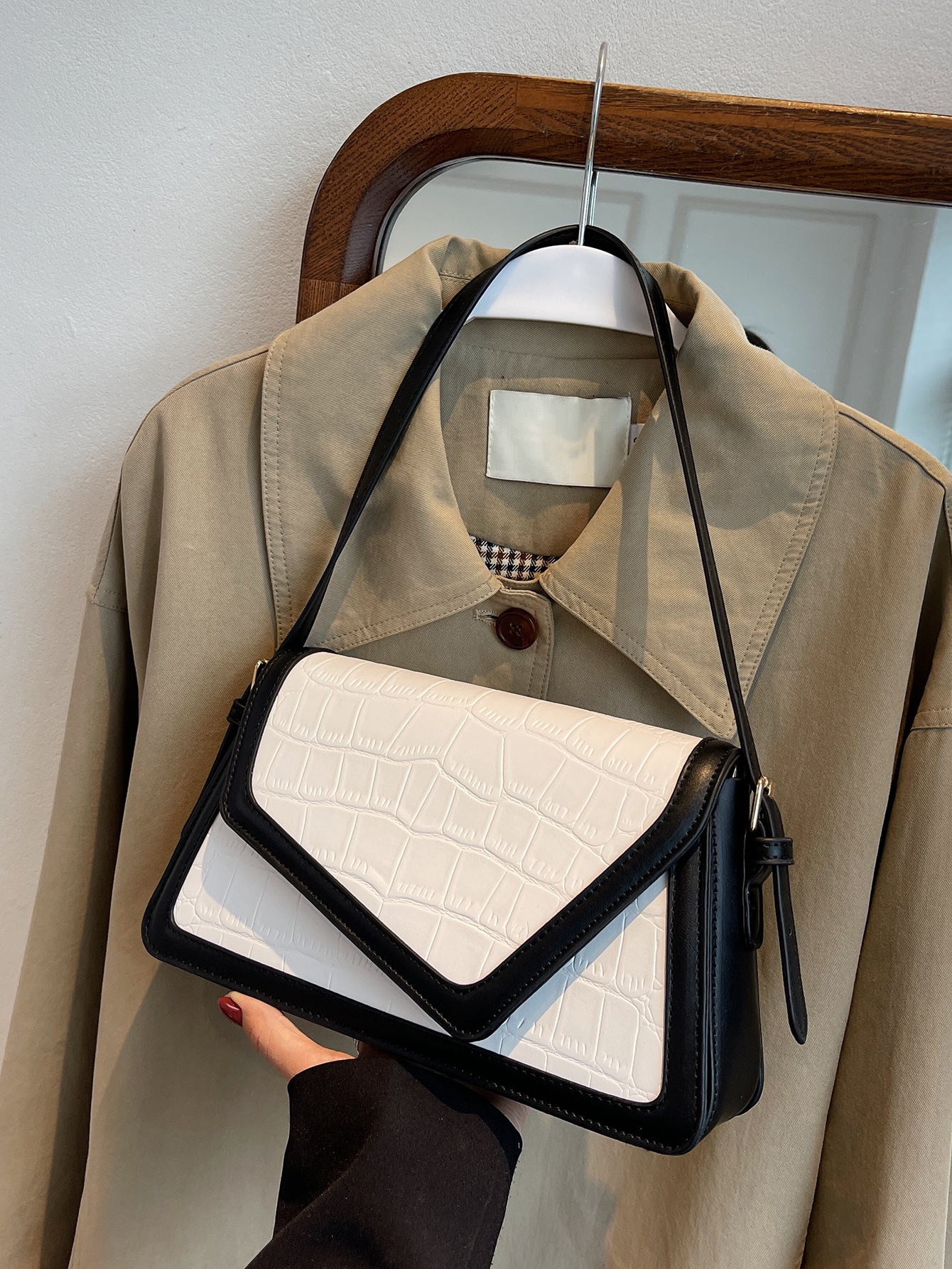 1pc Fashionable Color Block Crocodile Pattern Diamond Checkered Flap Zipper Vintage Simple Shoulder Bag Ideal For Daily Use SHEIN EUR main 0