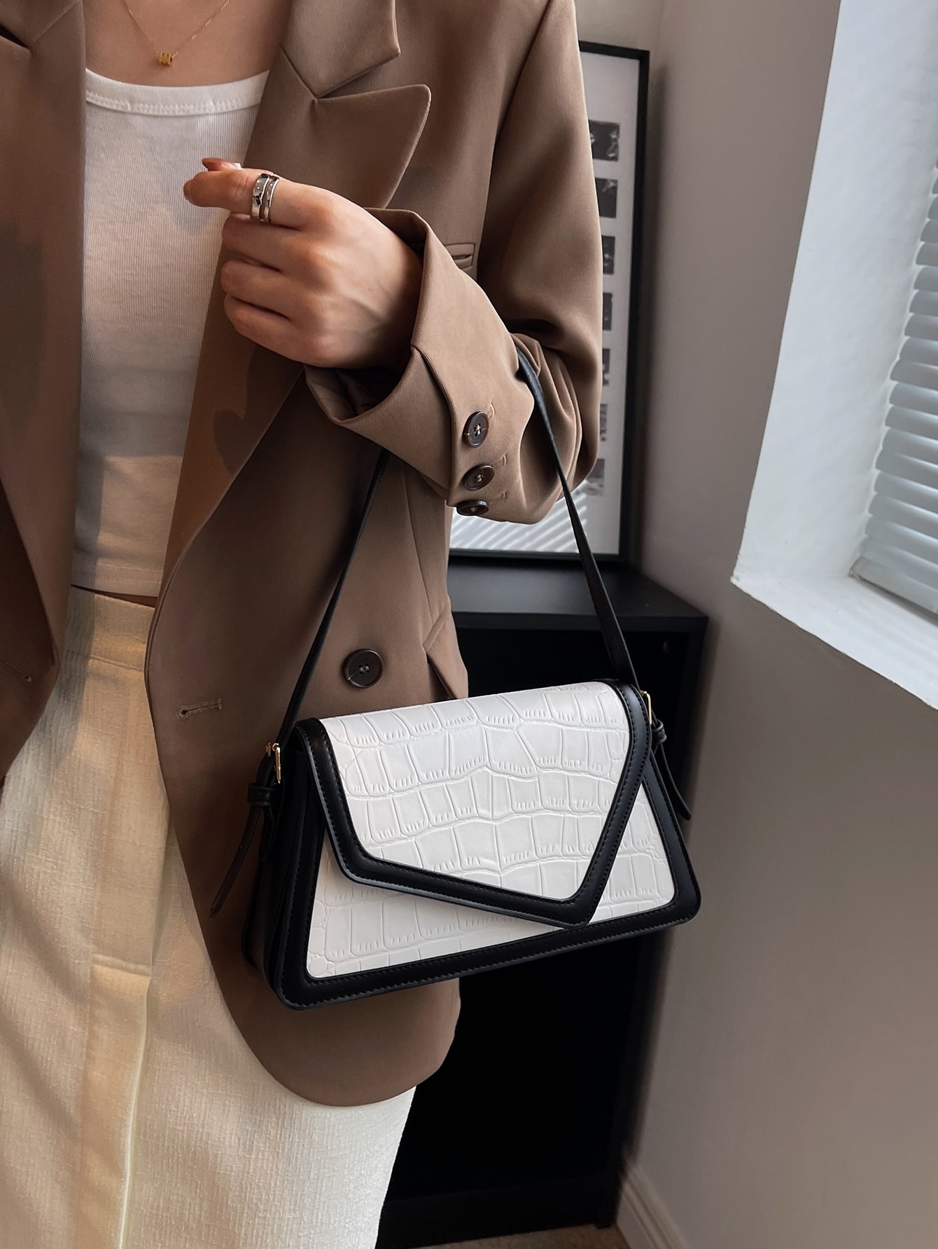 1pc Fashionable Color Block Crocodile Pattern Diamond Checkered Flap Zipper Vintage Simple Shoulder Bag Ideal For Daily Use SHEIN EUR main 3