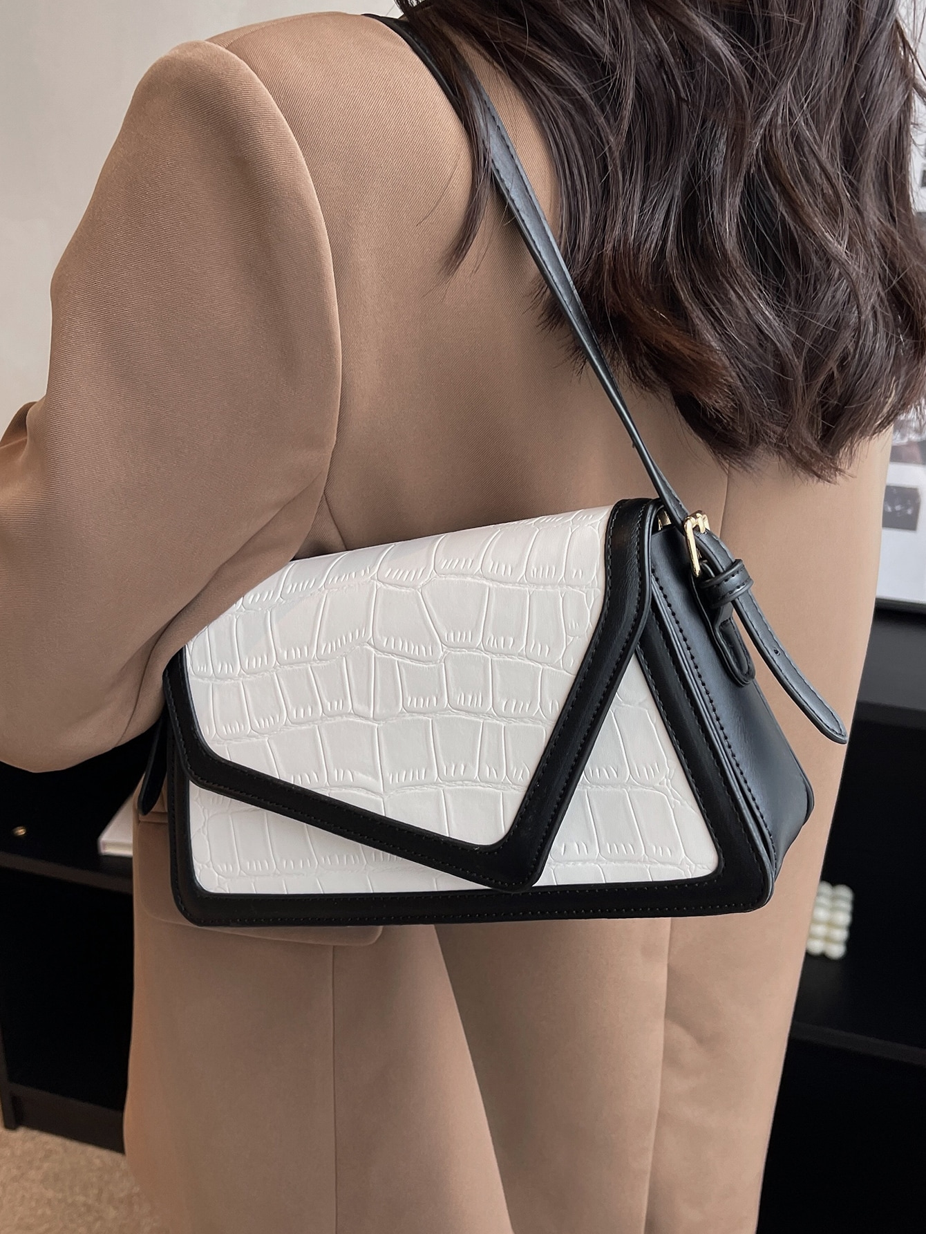 1pc Fashionable Color Block Crocodile Pattern Diamond Checkered Flap Zipper Vintage Simple Shoulder Bag Ideal For Daily Use SHEIN EUR main 5