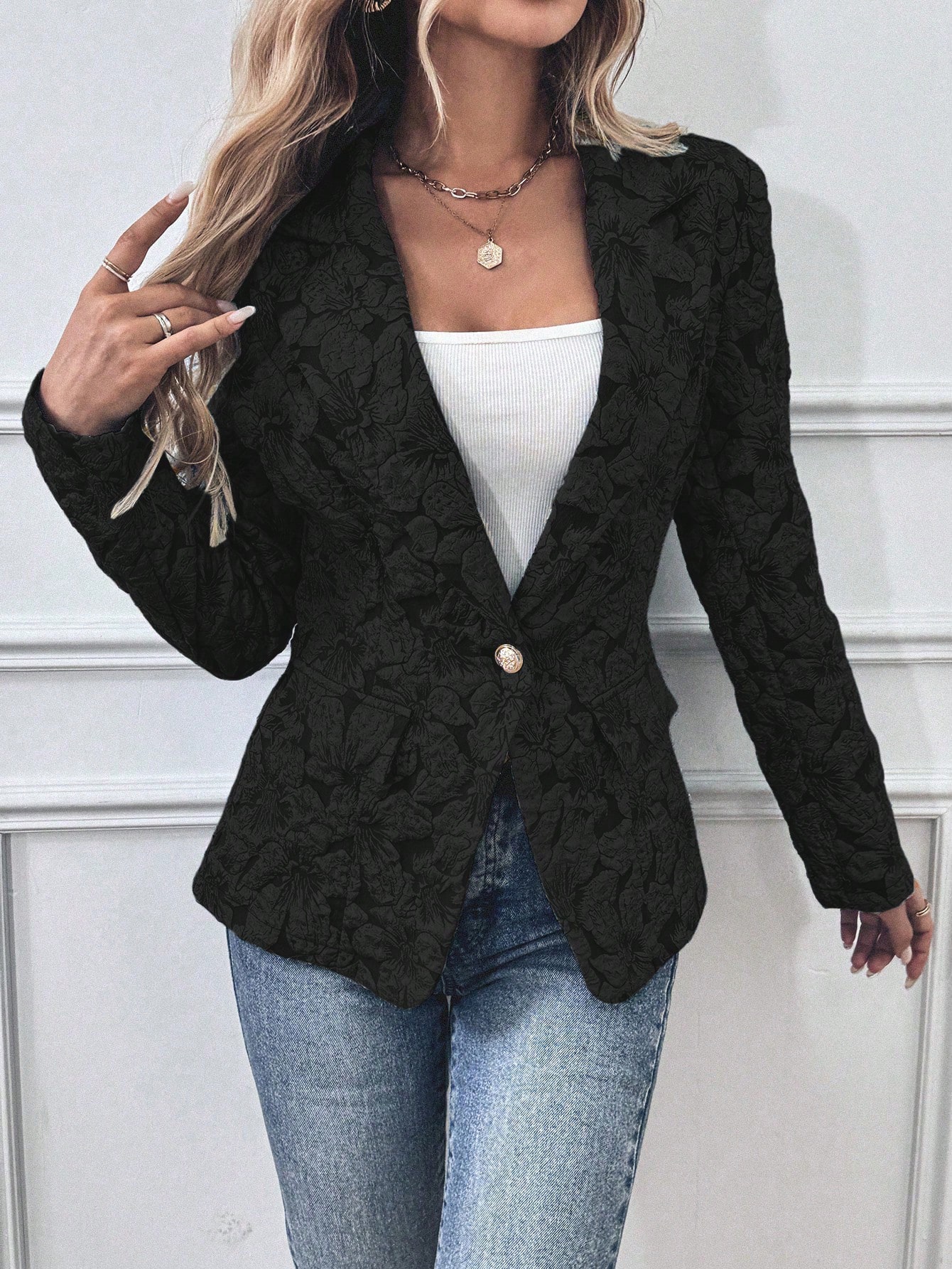 SHEIN Clasi Women Floral Jacquard Lapel Neck Long Sleeve Elegant Blazer Jacket Autumn SHEIN EUR main 2
