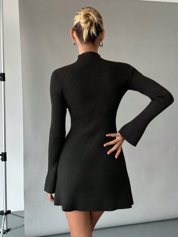 SHEIN Essnce Winter Womens Turtleneck Sweater Dress Warm Knitted Bottoming Skirt Bell Sleeve A Hem Skirt Slim And Slim Sweater Skirt Long Sleeve Dress Black Dress SHEIN EUR main 1 1