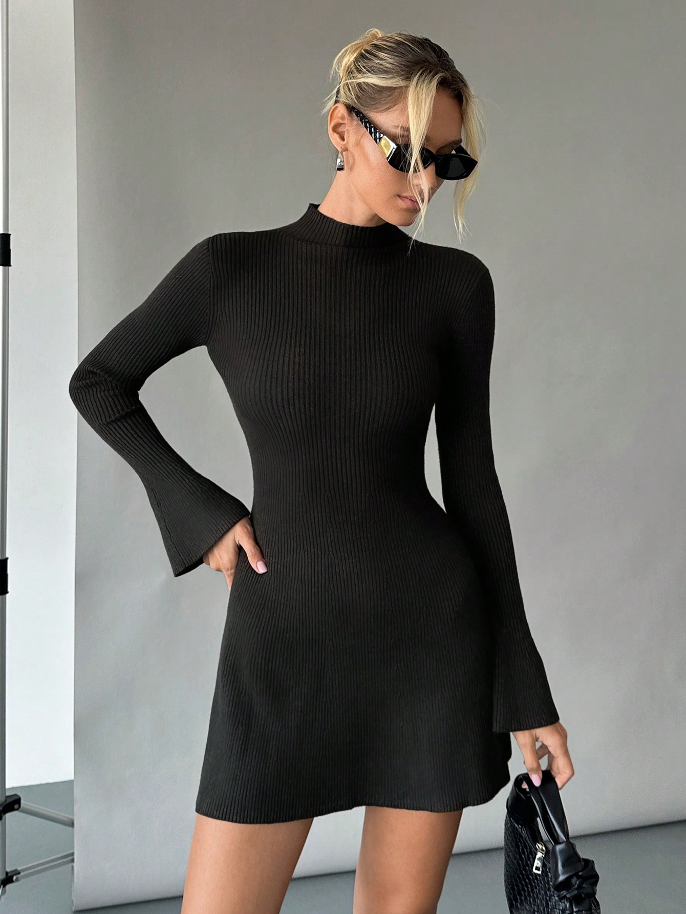 SHEIN Essnce Winter Womens Turtleneck Sweater Dress Warm Knitted Bottoming Skirt Bell Sleeve A Hem Skirt Slim And Slim Sweater Skirt Long Sleeve Dress Black Dress SHEIN EUR main 3 1
