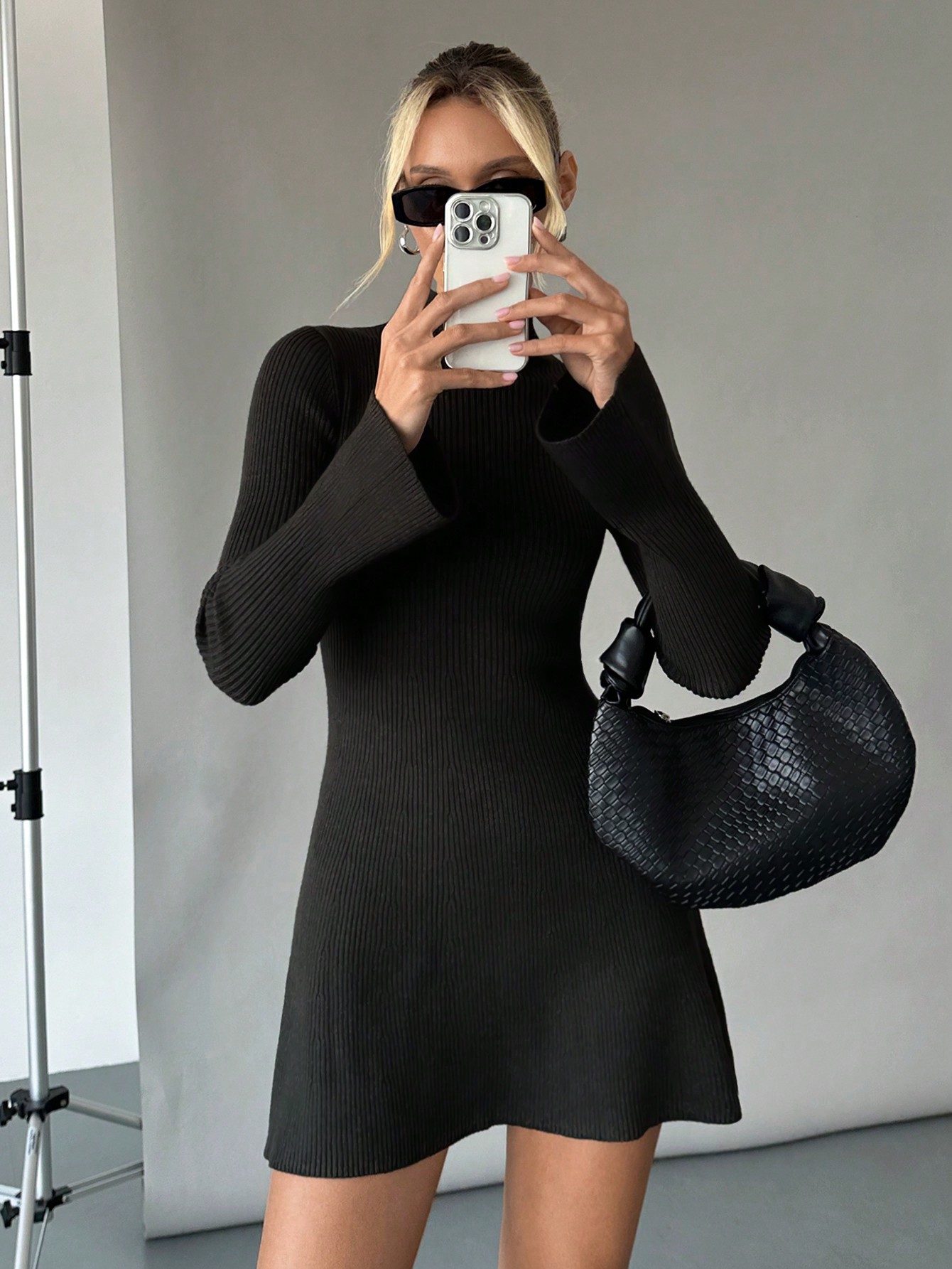 SHEIN Essnce Winter Womens Turtleneck Sweater Dress Warm Knitted Bottoming Skirt Bell Sleeve A Hem Skirt Slim And Slim Sweater Skirt Long Sleeve Dress Black Dress SHEIN EUR main 5 1