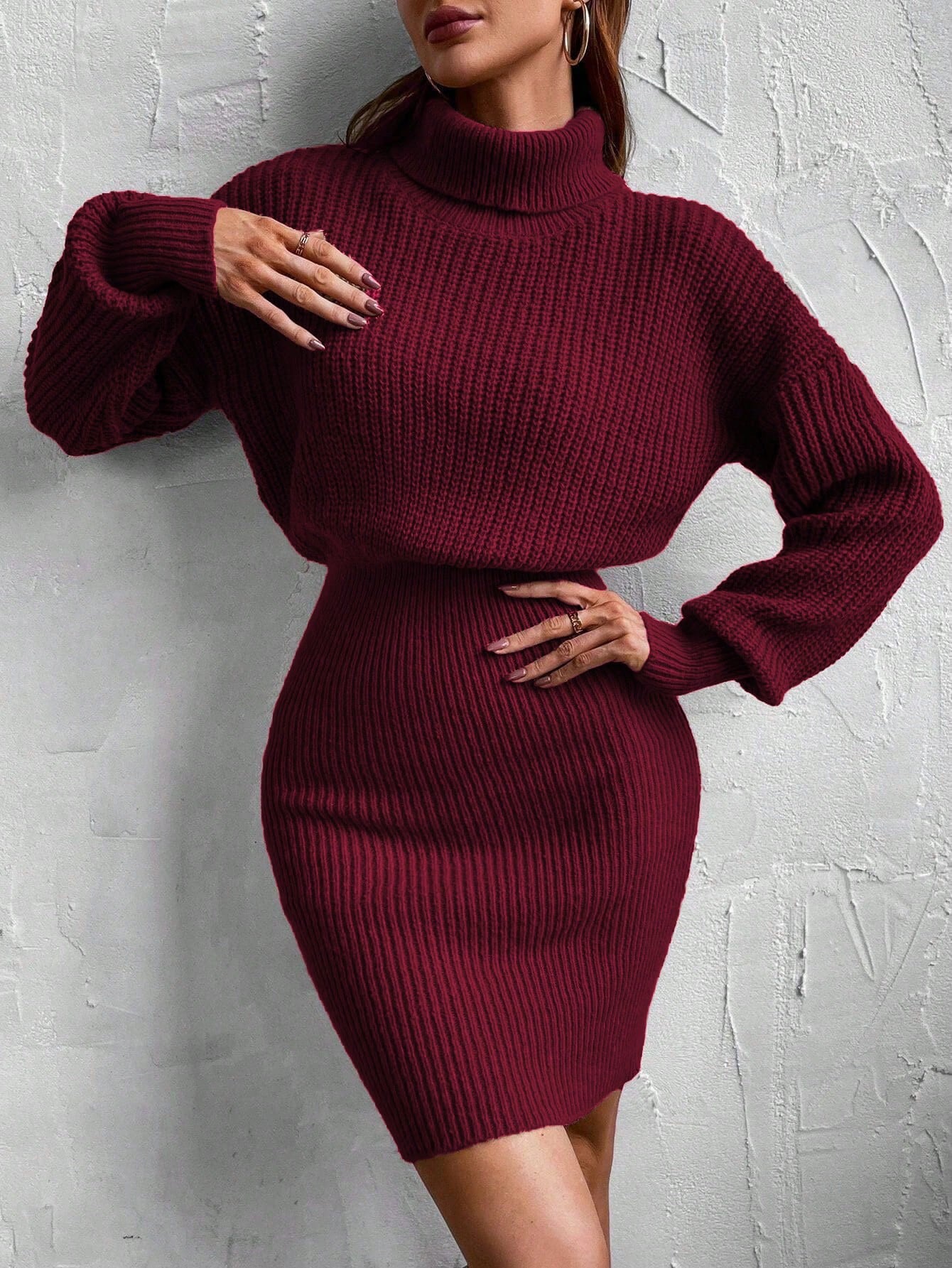 SHEIN Frenchy Women High Neck Drop Shoulder Long Sleeve Elegant Sweater Dress Solid Color AutumnWinter For New Year Clothes SHEIN EUR main 0