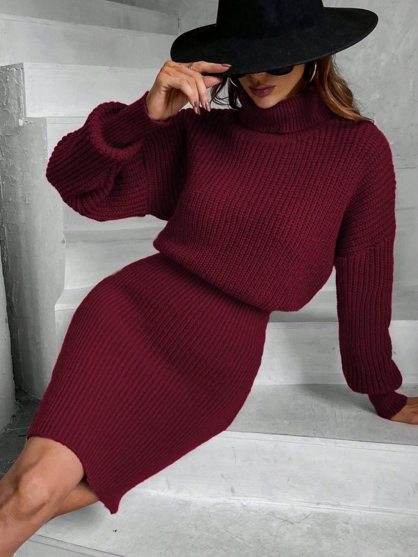 SHEIN Frenchy Women High Neck Drop Shoulder Long Sleeve Elegant Sweater Dress Solid Color AutumnWinter For New Year Clothes SHEIN EUR main 3