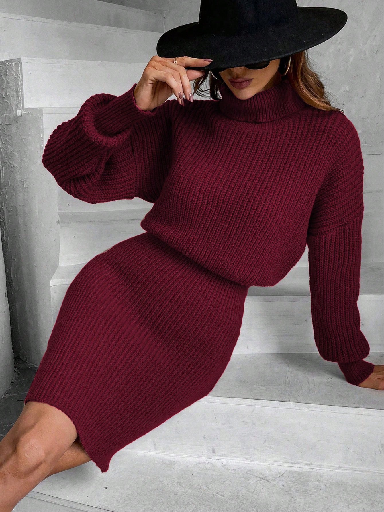 SHEIN Frenchy Women High Neck Drop Shoulder Long Sleeve Elegant Sweater Dress Solid Color AutumnWinter For New Year Clothes SHEIN EUR main 3