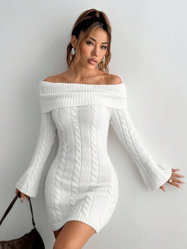 SHEIN MOOSTA Womens Off Shoulder Elegant Long Sleeve Cable Knitted Bodycon Midi Dress Autumn And Winter SHEIN EUR main 2