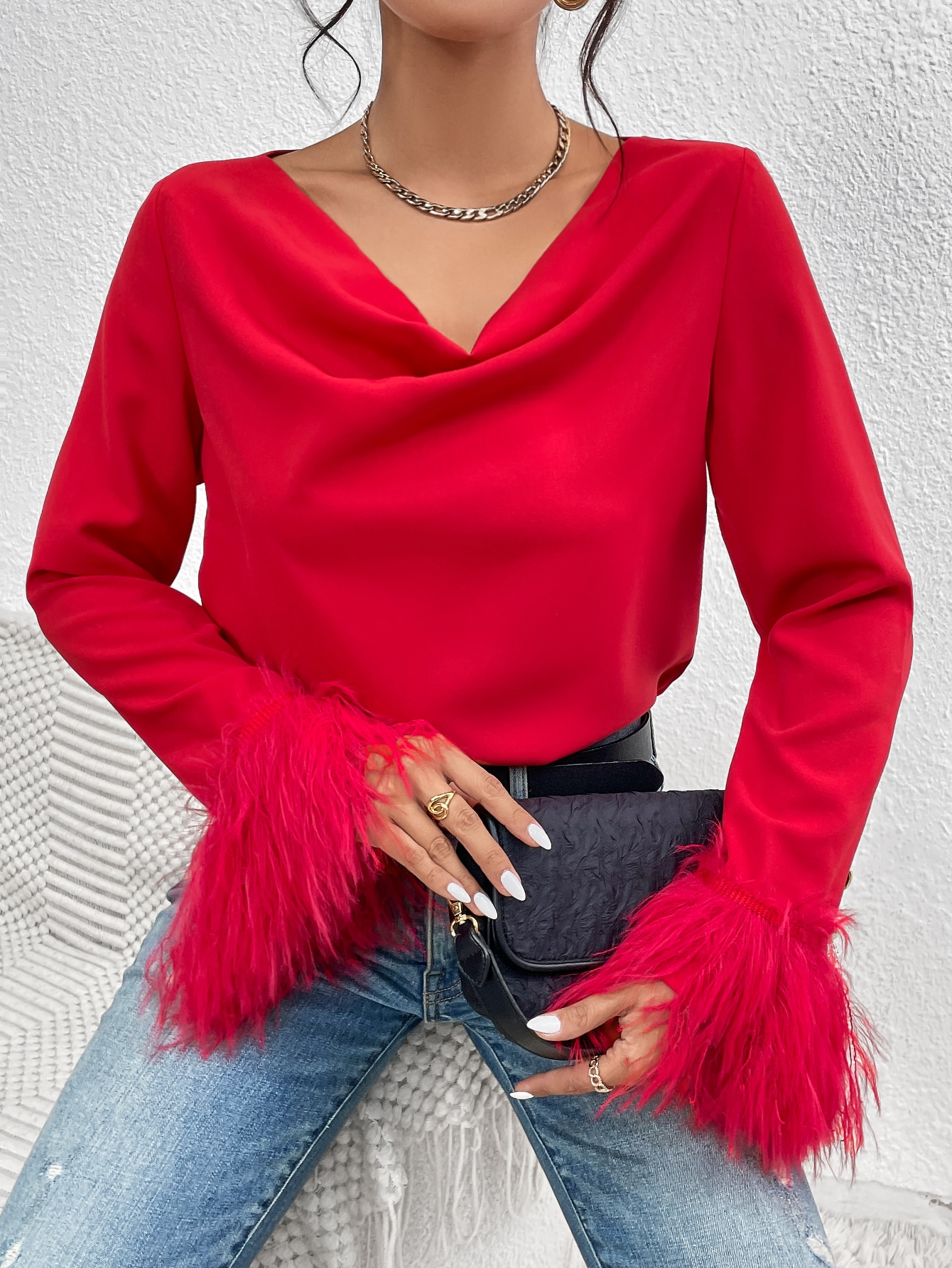 SHEIN Raffina Draped Collar Fuzzy Cuff Blouse For New Year Clothes SHEIN EUR main 0