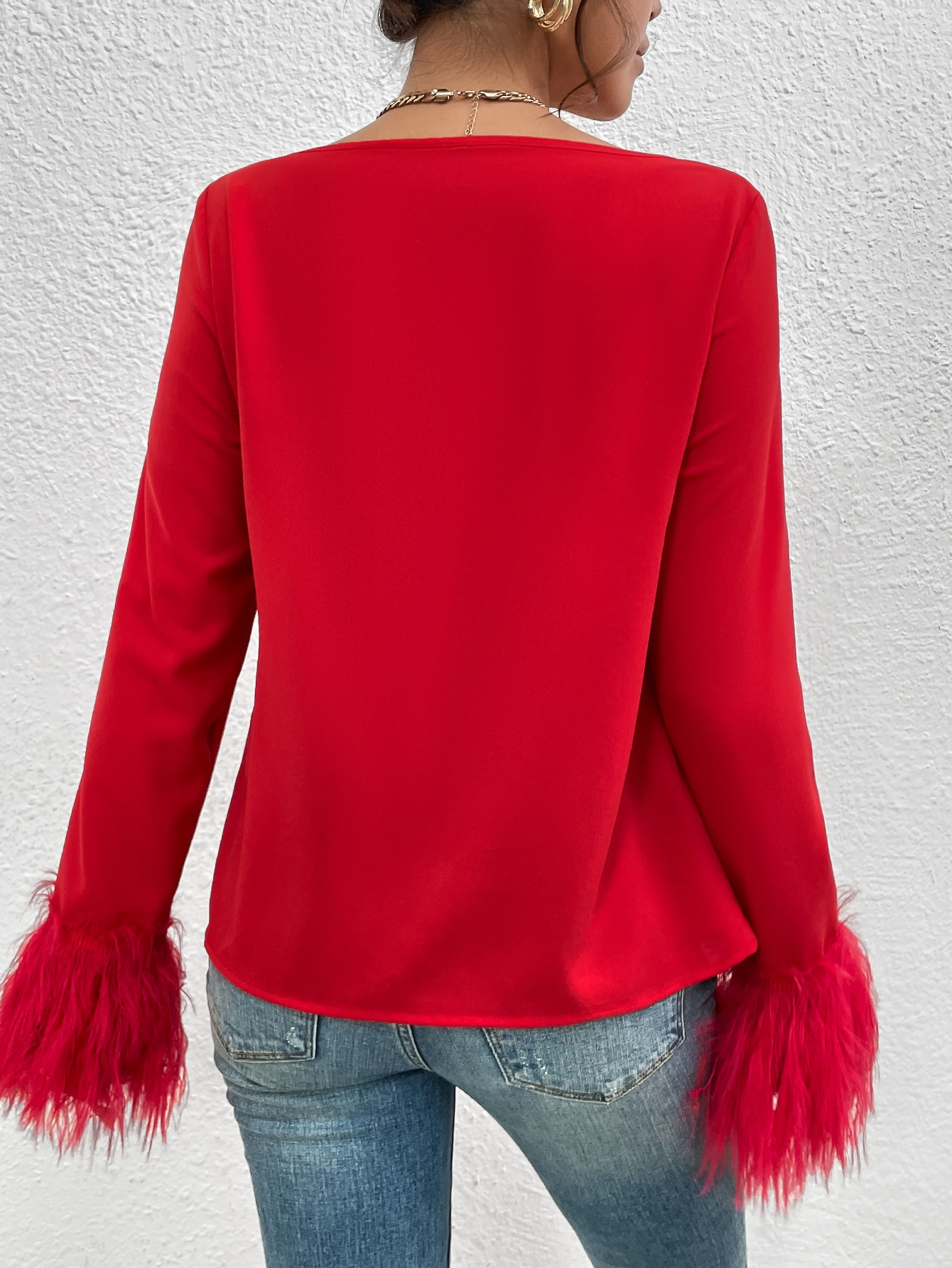 SHEIN Raffina Draped Collar Fuzzy Cuff Blouse For New Year Clothes SHEIN EUR main 1