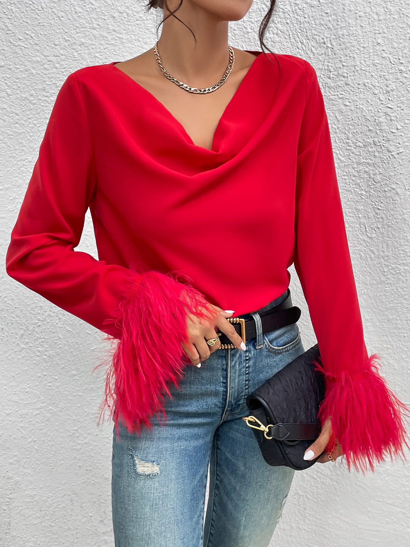 SHEIN Raffina Draped Collar Fuzzy Cuff Blouse For New Year Clothes SHEIN EUR main 2
