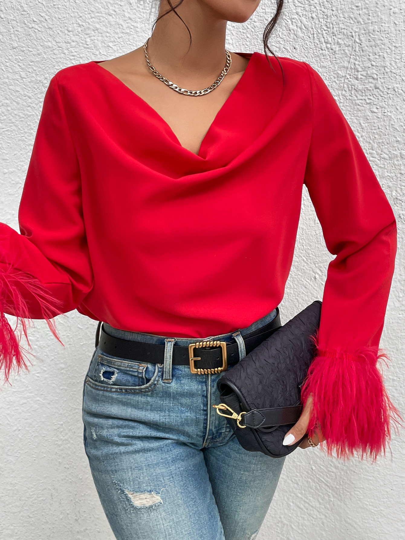 SHEIN Raffina Draped Collar Fuzzy Cuff Blouse For New Year Clothes SHEIN EUR main 3