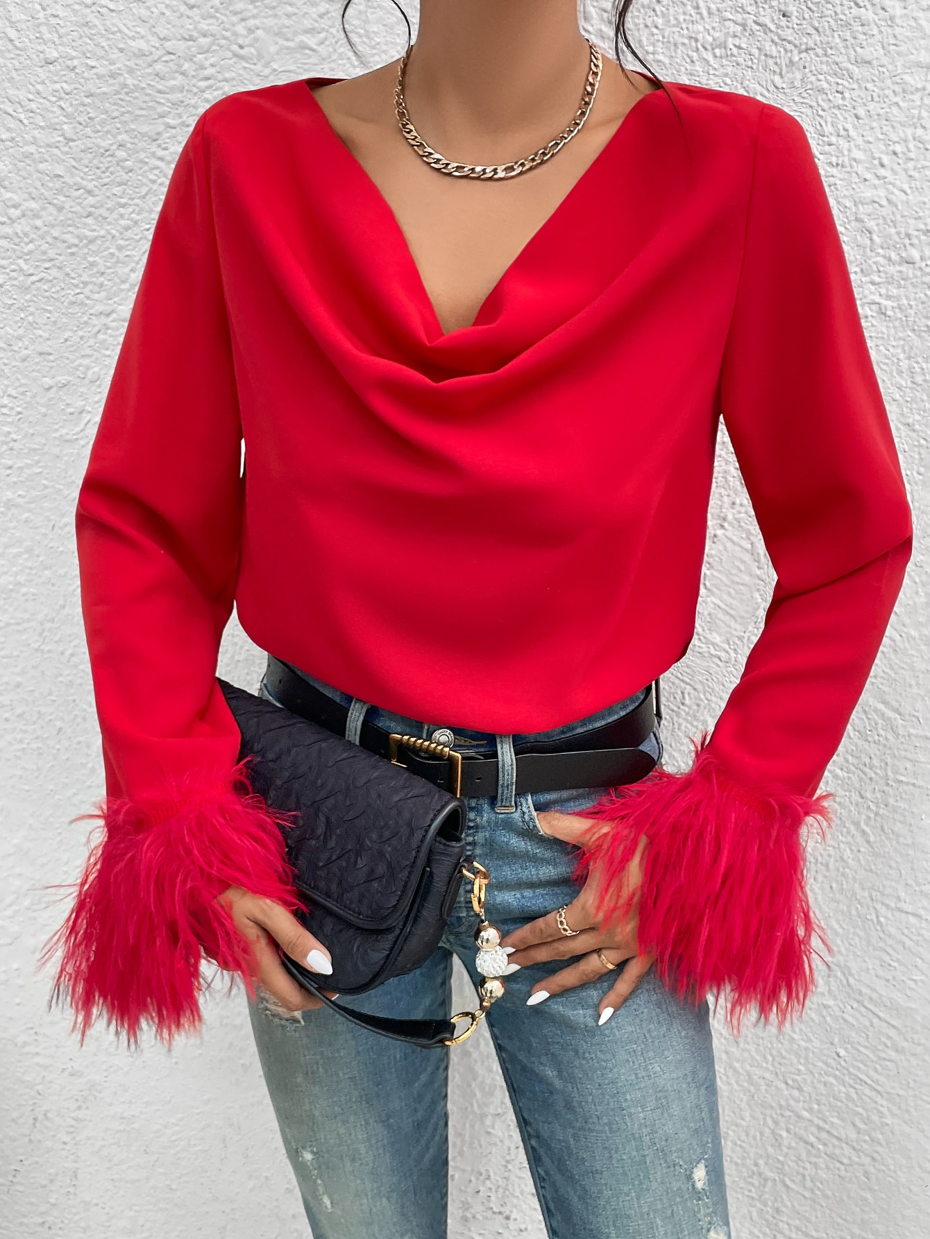 SHEIN Raffina Draped Collar Fuzzy Cuff Blouse For New Year Clothes SHEIN EUR main 4