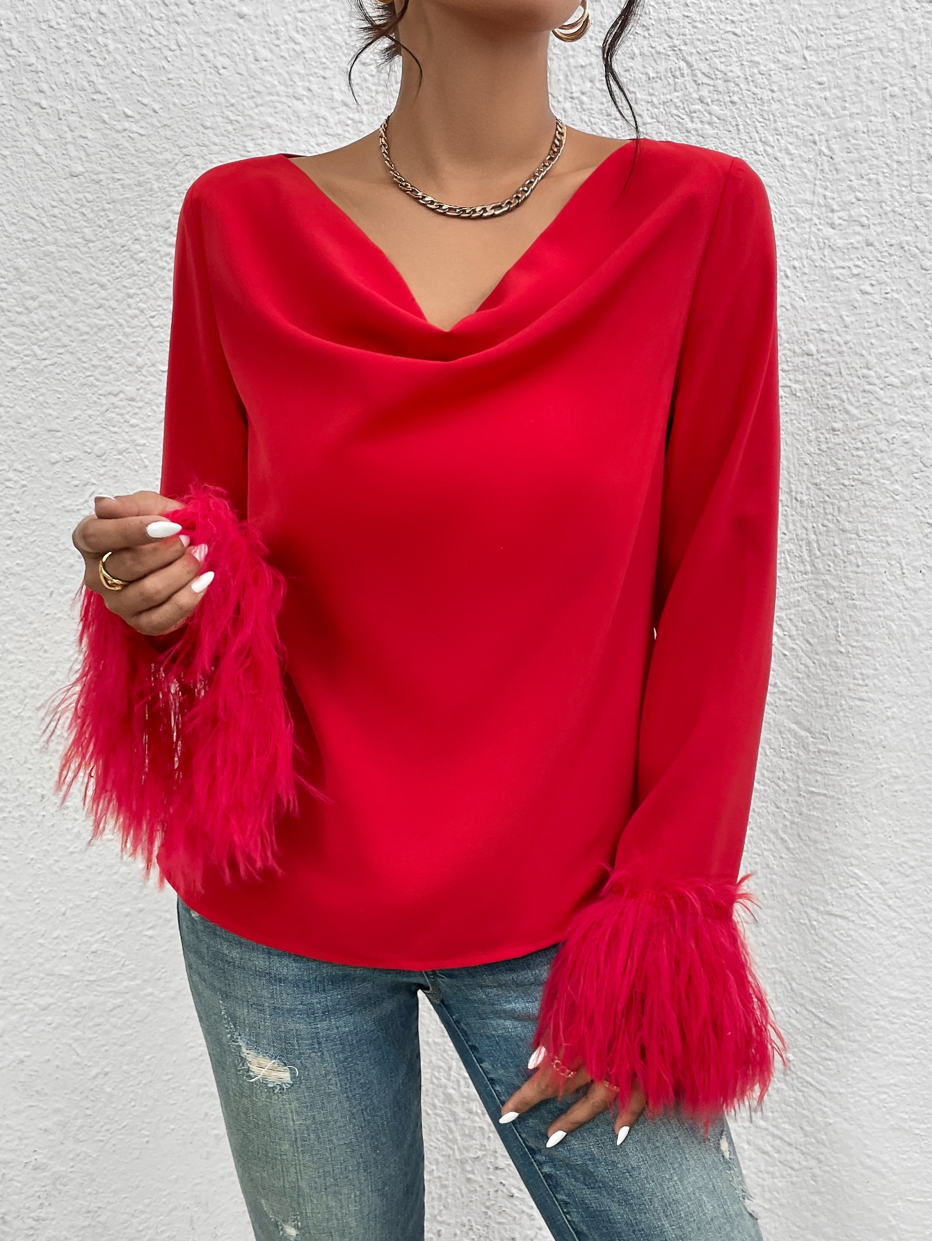 SHEIN Raffina Draped Collar Fuzzy Cuff Blouse For New Year Clothes SHEIN EUR main 5
