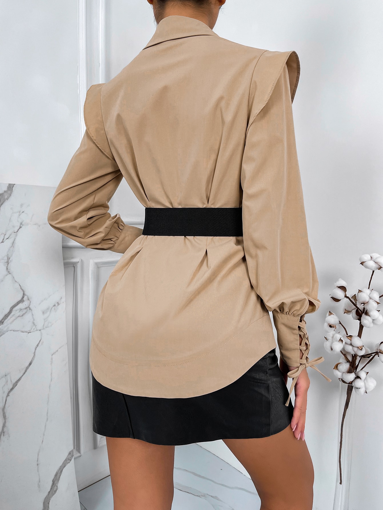 SHEIN Raffina Lace Up Cuff Button Front Blouse With Belt Women Shirt SHEIN EUR main 1
