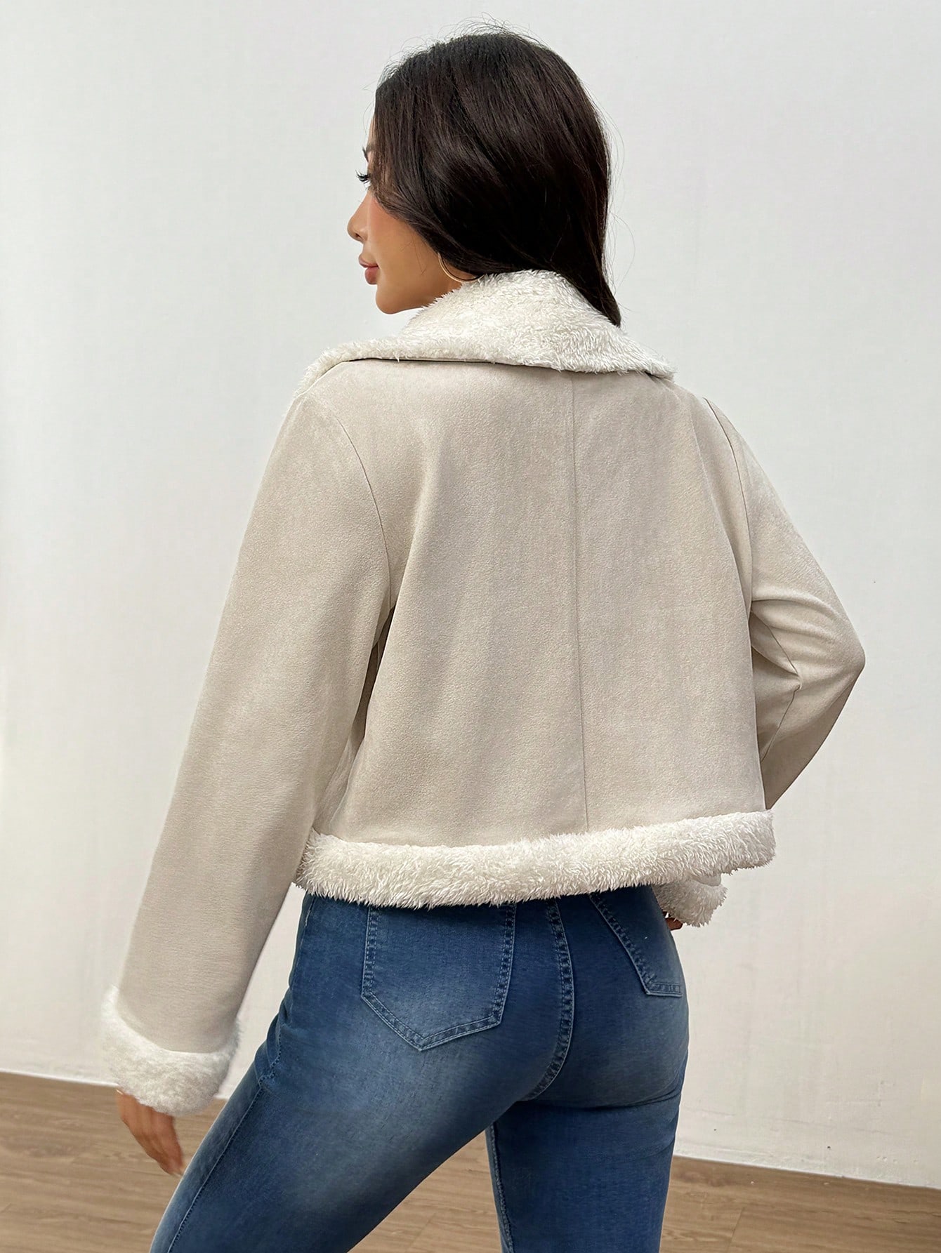 SHEIN EZwear Women CoatsTeddy Lined Open Front Suedette Moto Jacket SHEIN EUR main 1