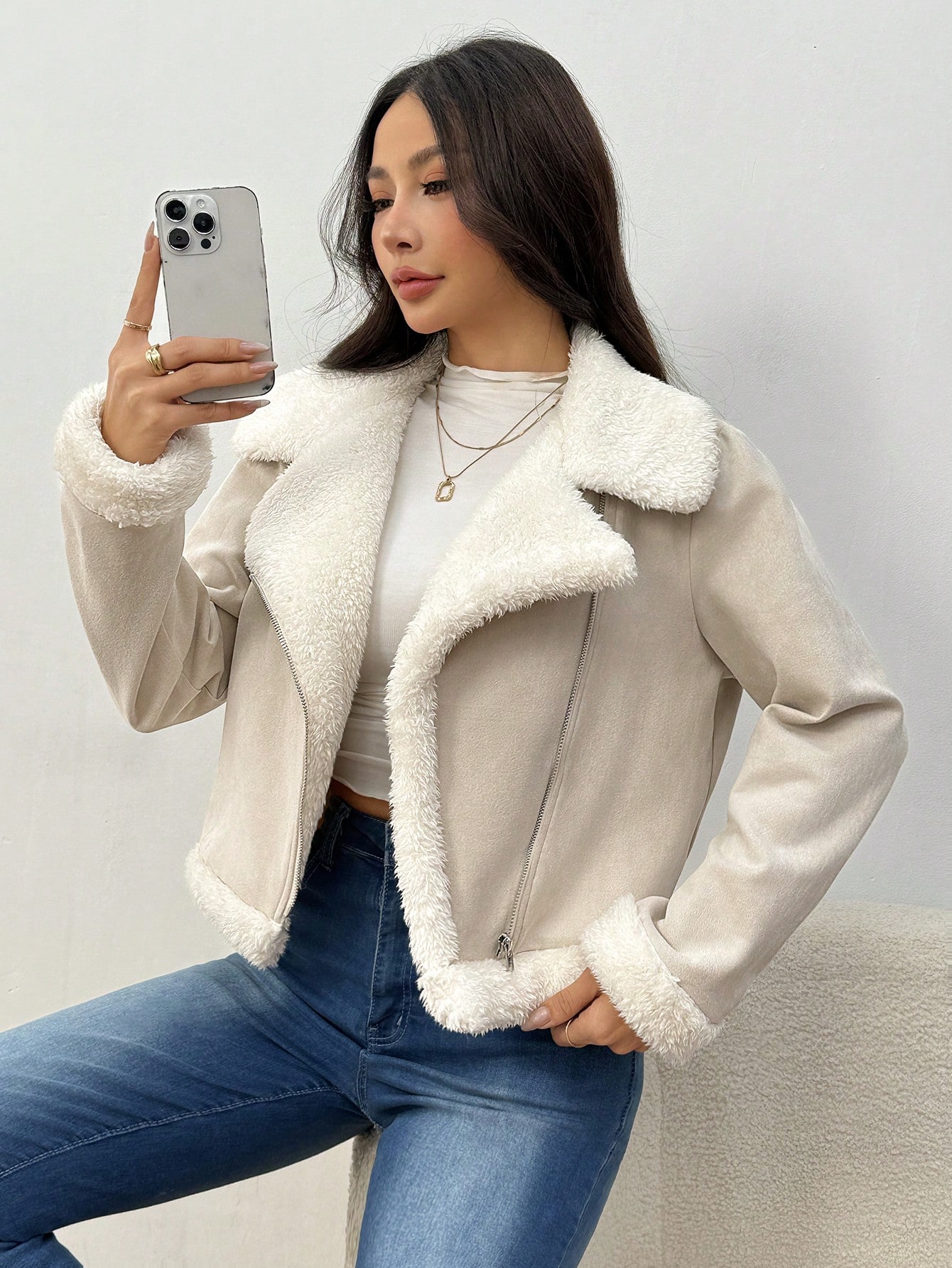 SHEIN EZwear Women CoatsTeddy Lined Open Front Suedette Moto Jacket SHEIN EUR main 2
