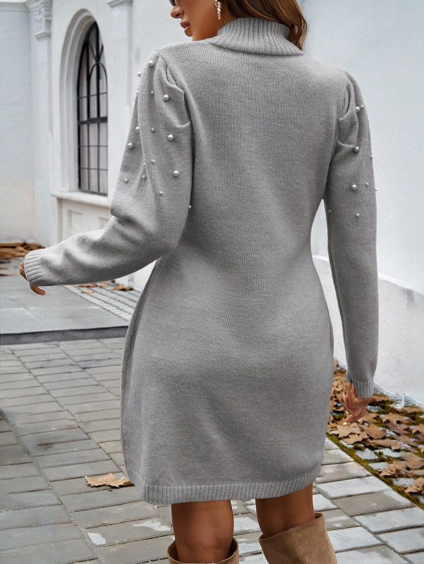 Womens Pearl Embellished Stand Collar Long Sleeve Elegant Sweater Dress AutumnWinter SHEIN EUR main 1